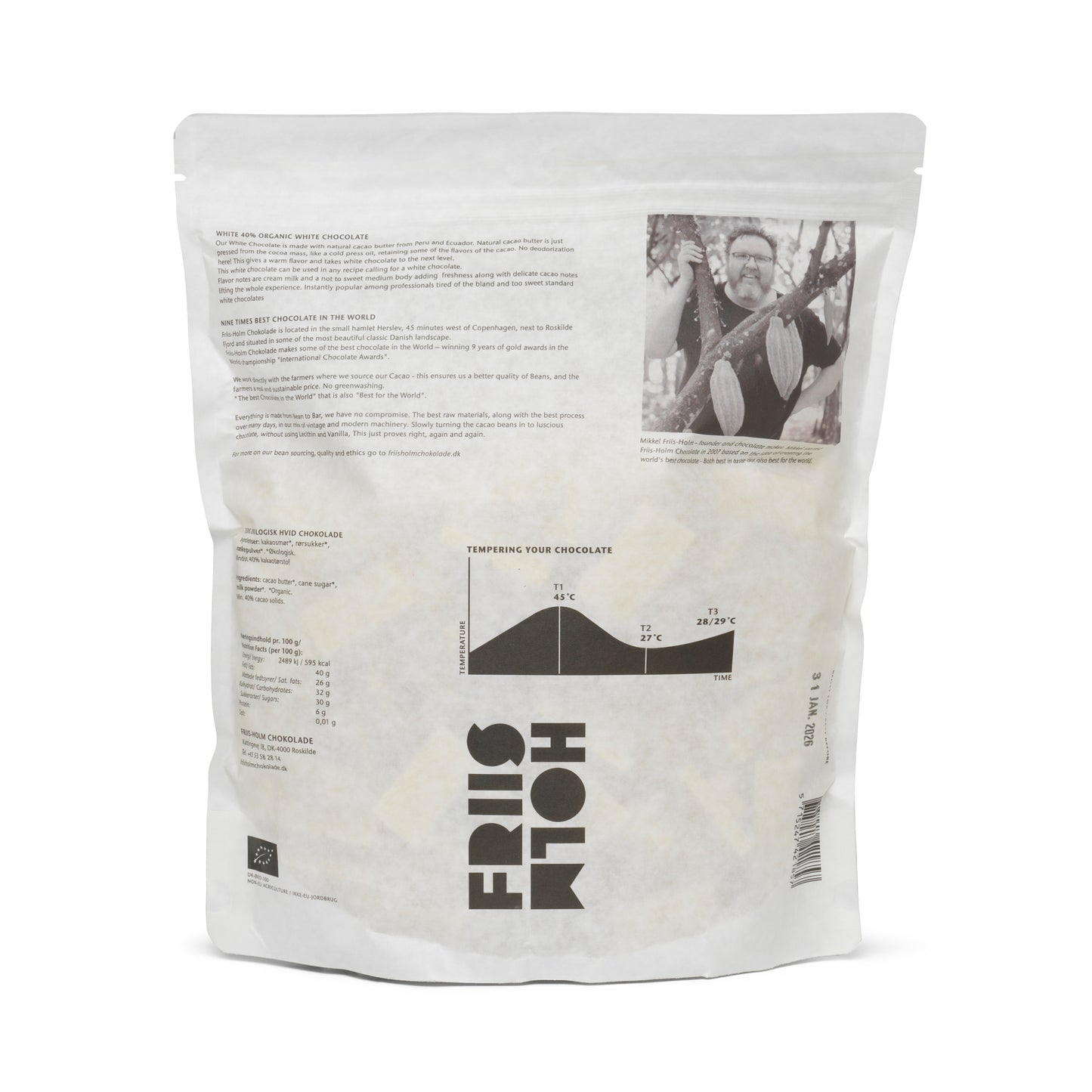 White Chocolate 40%, 1500 g. ØKO DK-ØKO-100. IKKE-EU-JORDBRUG
