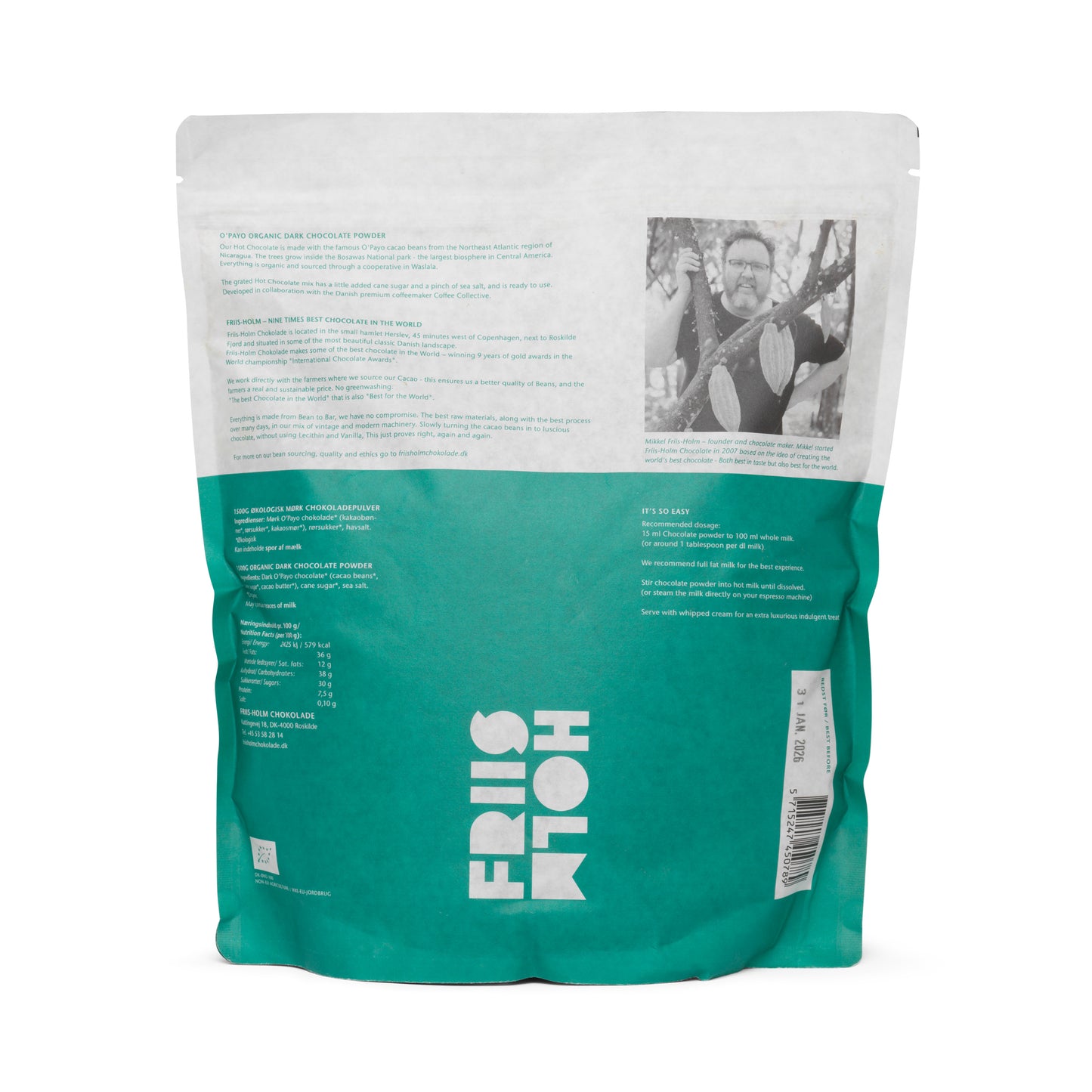 O'Payo Hot Chocolate, 1500 g. Økologisk DK-ØKO-100. IKKE-EU-JORDBRUG.