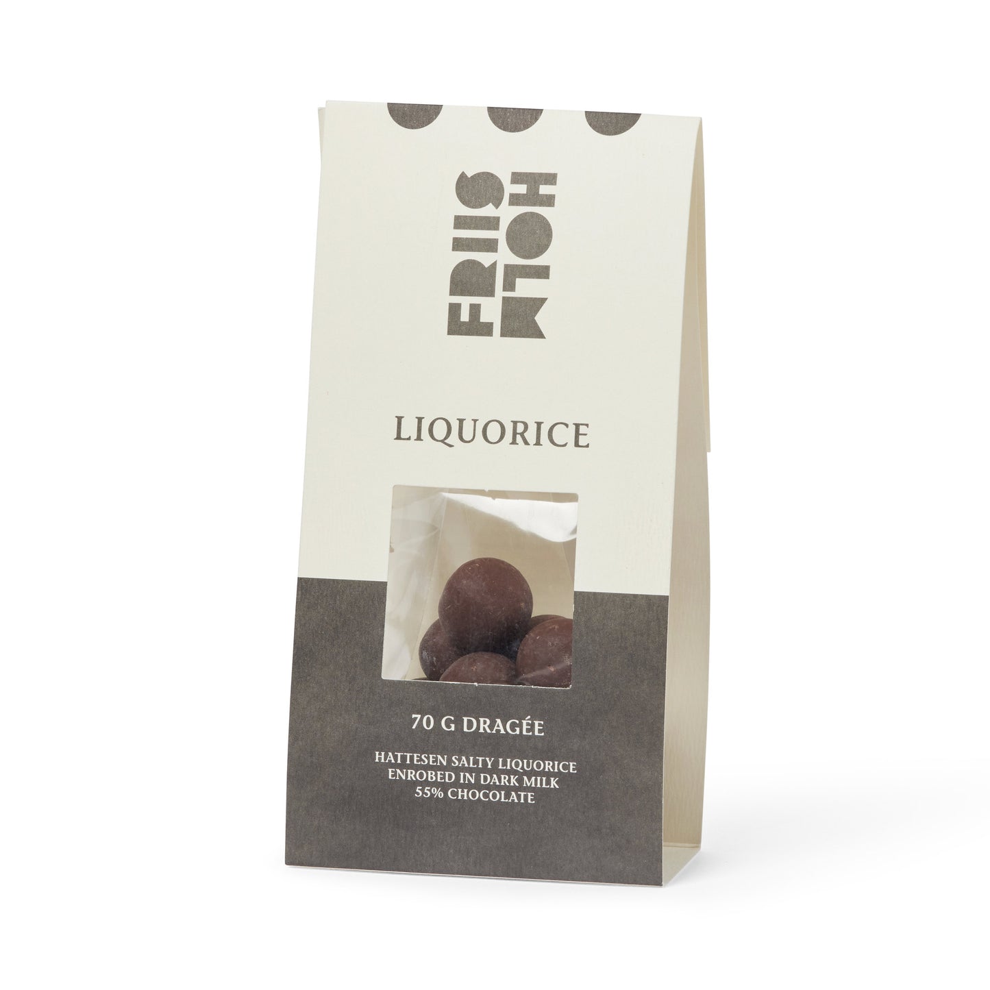 Salty liquorice coated in Friis-Holm's award-winning 55% dark milk chocolate, made in collaboration with Hattesen Lakridskonfekt from Ærø.