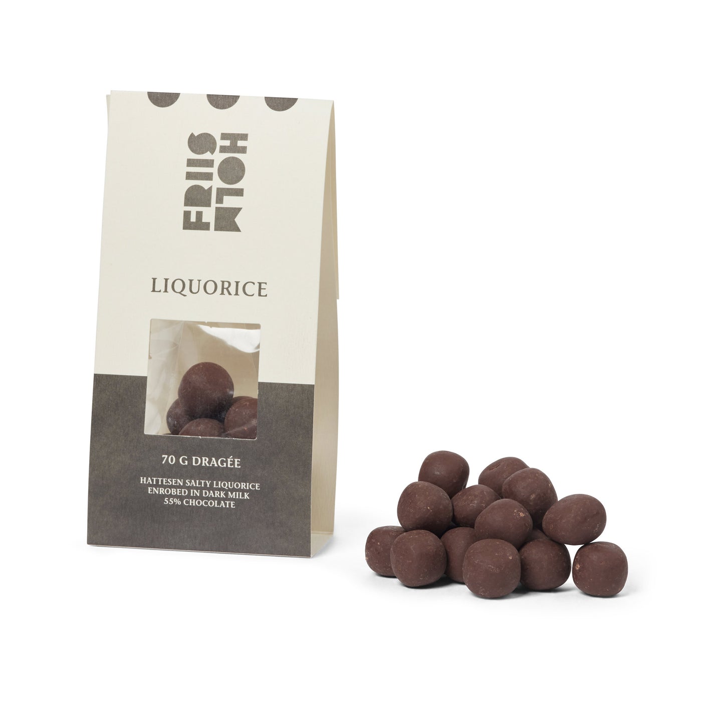 Artisan salty liquorice covered in creamy 55% dark milk chocolate by Friis-Holm, highlighting Danish craftsmanship and quality.