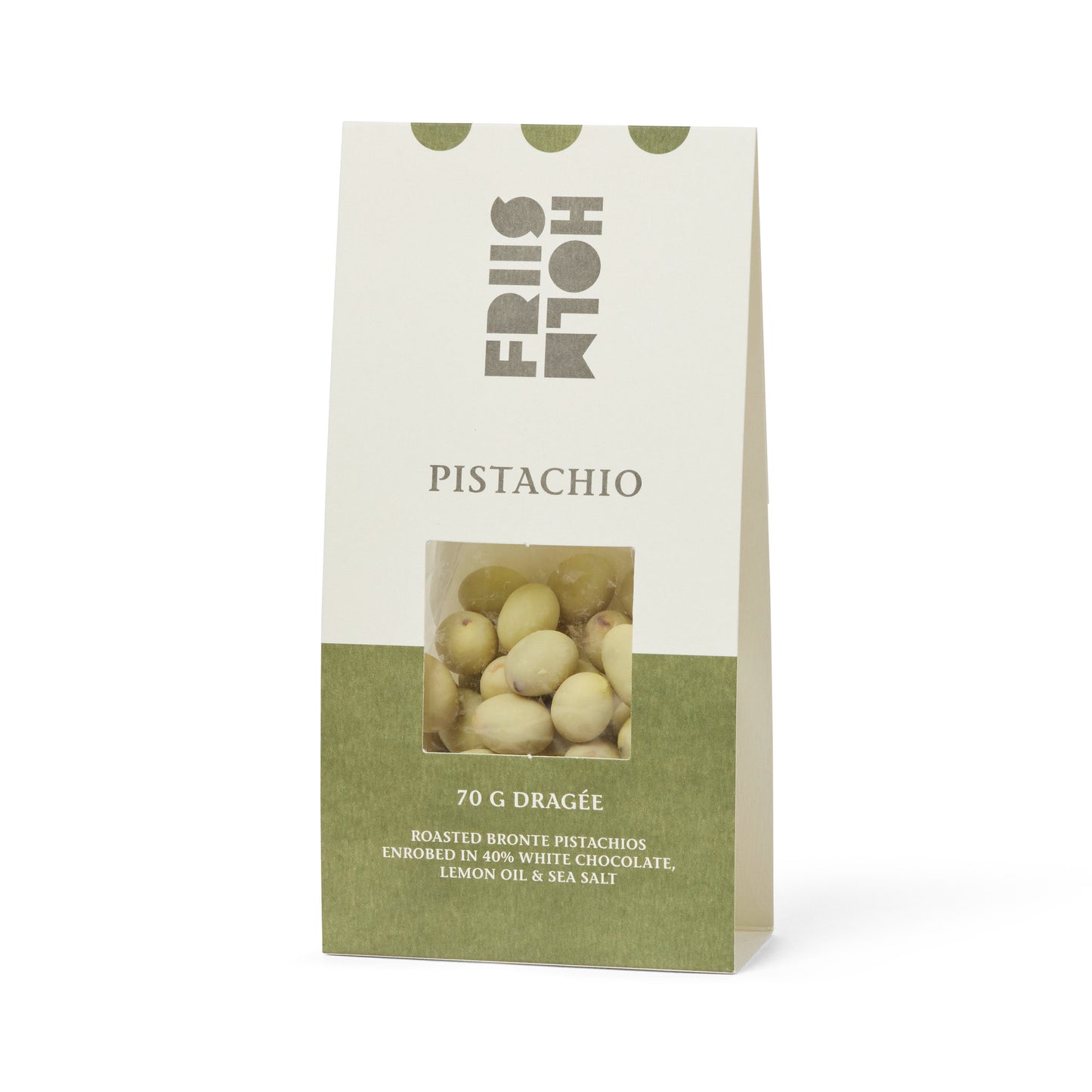 Roasted organic Sicilian Bronte pistachios enrobed in Friis-Holm’s organic 40% white chocolate, enhanced with Sicilian lemon oil and a hint of sea salt.