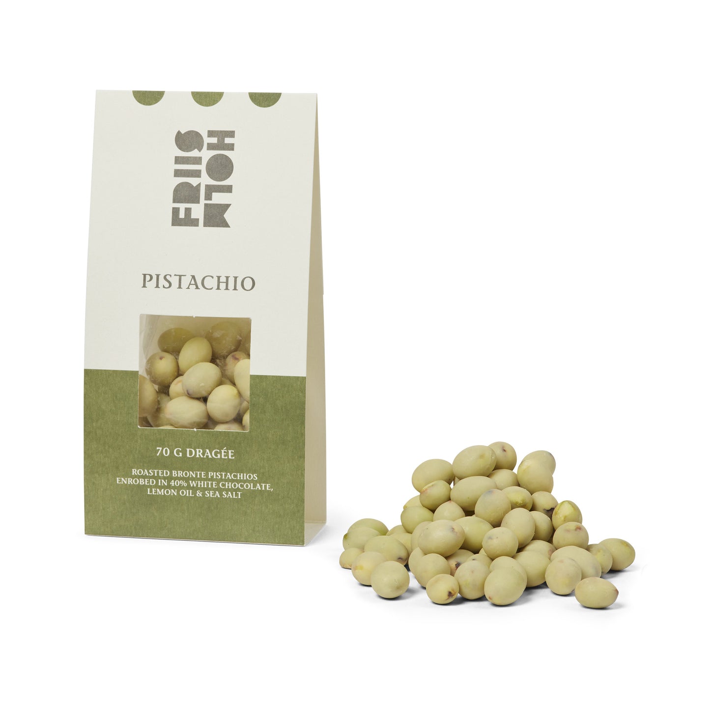 World-class Bronte pistachios wrapped in Friis-Holm’s 40% white chocolate, complemented by Sicilian lemon oil and a touch of sea salt.