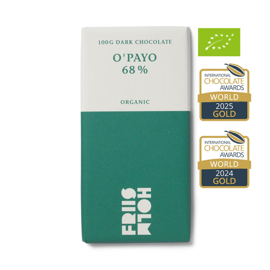 O'Payo 68 %, 100 g. Øko. DK-ØKO-100. EU / IKKE-EU-JORDBRUG