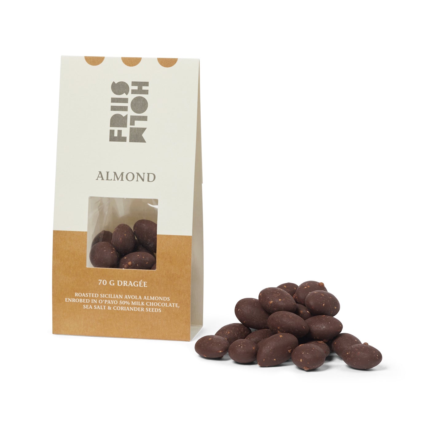 Artisan Sicilian almonds covered in Friis-Holm’s award-winning 50% milk chocolate, seasoned with roasted coriander seeds and sea salt