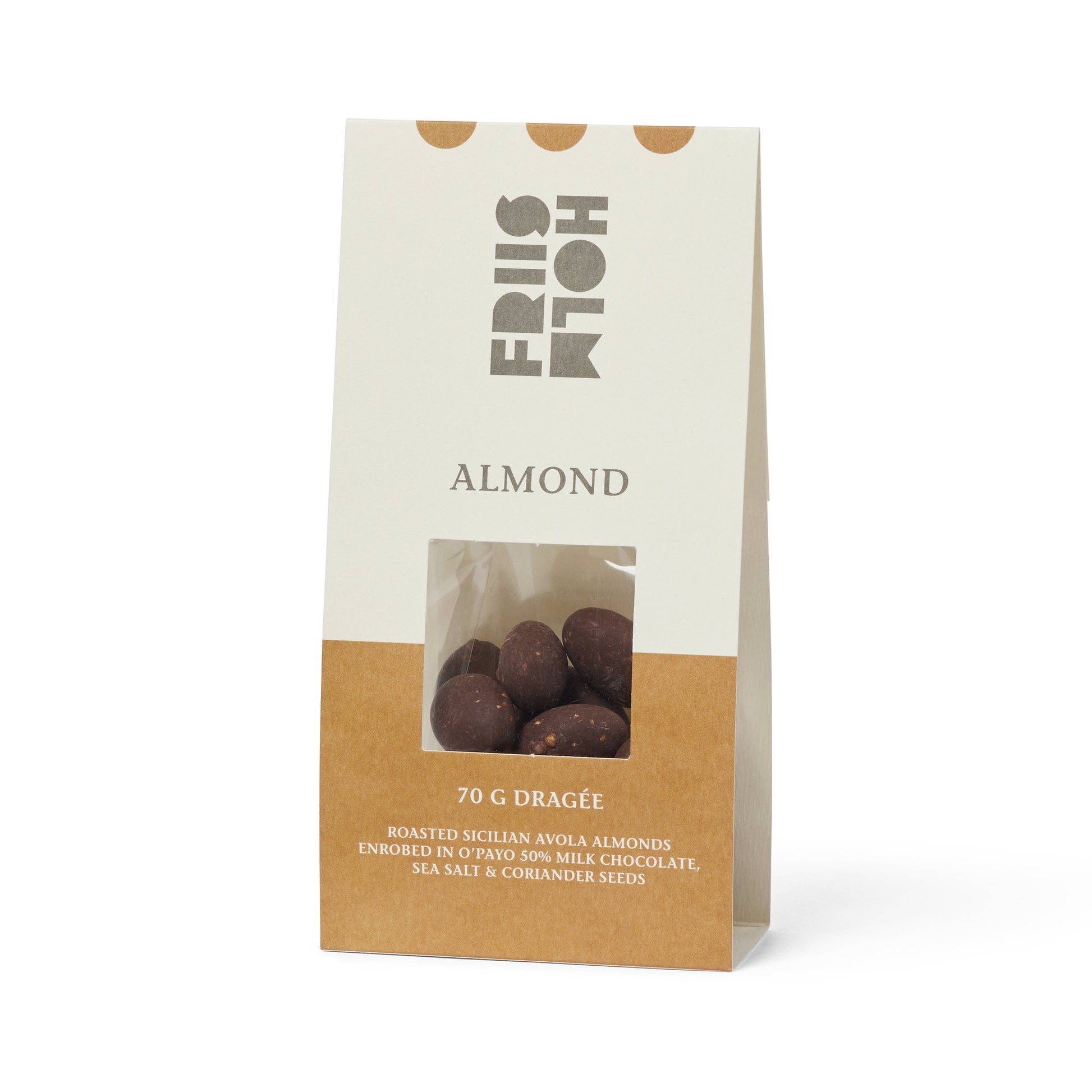 Roasted organic Sicilian Avola almonds enrobed in Friis-Holm’s O’Payo 50% milk chocolate with sea salt and coriander seeds.